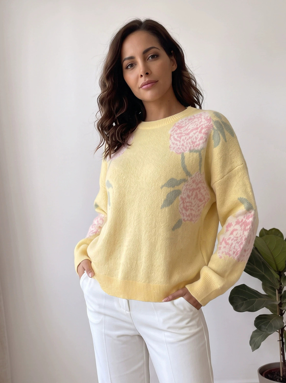 Zara Floral Jacquard Knit Sweater Casual Round Neck